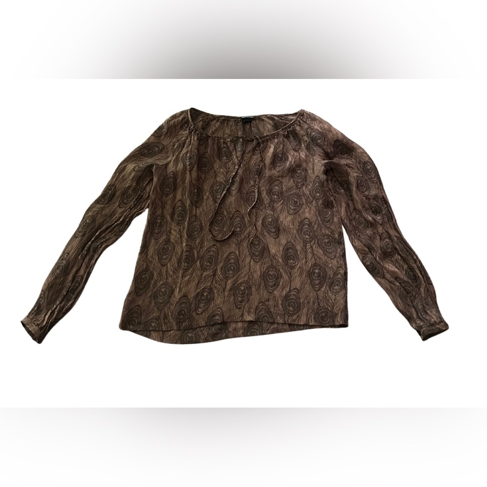 Club Monaco Sheer Silk Peacock Feather Print Blouse | Brown | Size XS